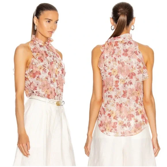 VERONICA BEARD Dali Top Floral Silk Sz 6 Pink Metallic Tie Neck Sleeveless Bouse - Picture 2 of 14